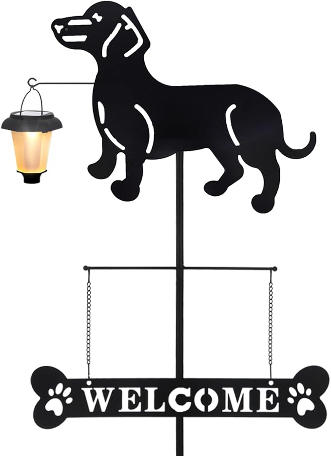 BAYN Solar Dachshund Silhouette Dog Breed Welcome Sign with a Lantern Outdoor Decorative Garden Stakes for Yard, Lawn, Patio, Pathway