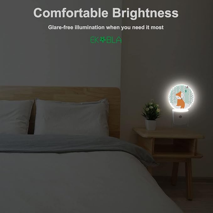 EKOBLA Winter Fox Plug-in Night Light, Fox & Bird in Snowy Birch Forest LED Nightlight with Auto On/Off for Kids Room, 0.5W