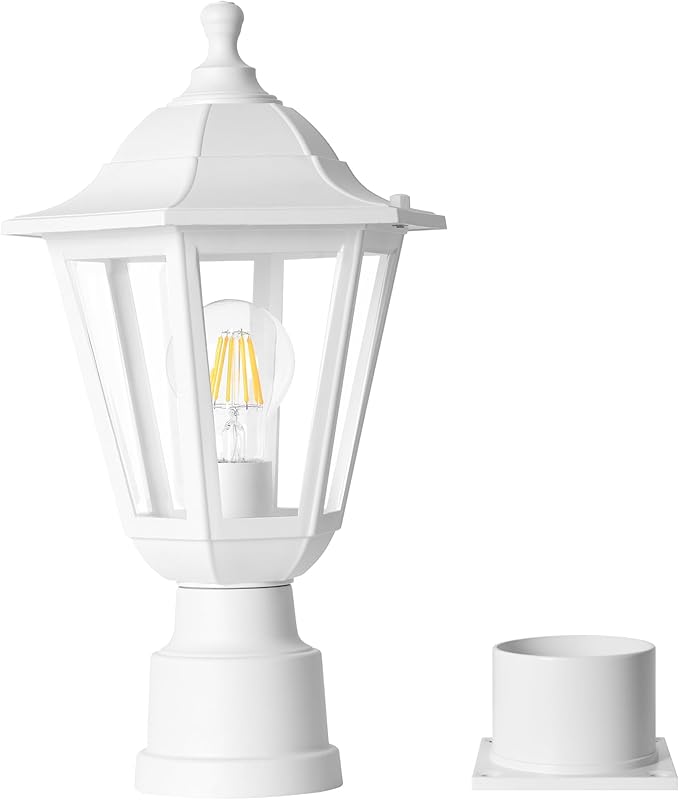 FUDESY Outdoor Post Light, Outdoor White Lamp Post Light Fixture with Pier Mount Base, Waterproof Pole Light Fixture with E26 Socket, Exterior Lamp Post Lantern for Garden Yard Patio Pathway