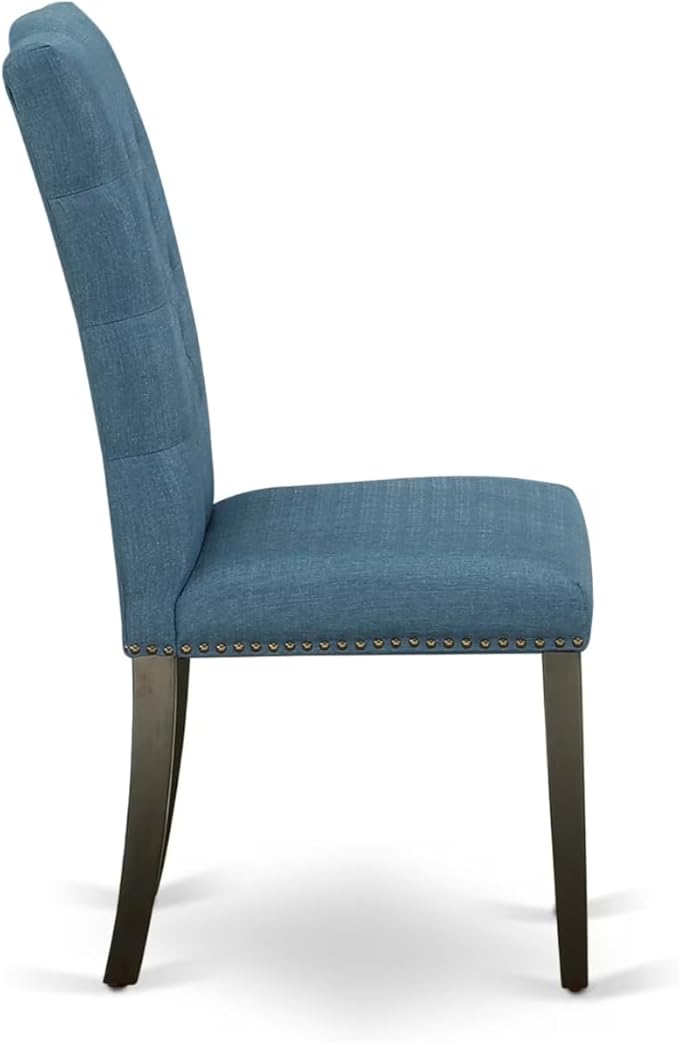 East West Furniture V677EL121-6 6 Piece Modern Dining Table Set Contains a Rectangle Wooden Table with V-Legs and 4 Blue Linen Fabric Parson Chairs with a Bench, 40x72 Inch, Multi-Color