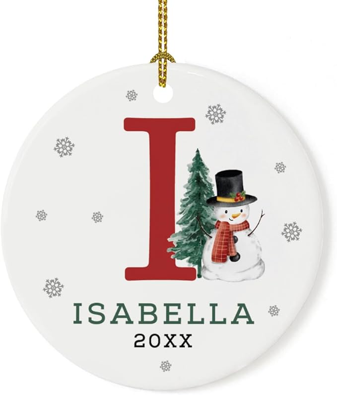 Andaz Press Personalized Ornament, Custom Name, Initial I Monogram Snowman 2.8" Ceramic Porcelain 2025 Christmas Ornament Keepsake for Kids, Boys, Girls, Includes Gold Ribbon & Gift Box, 1-Pack
