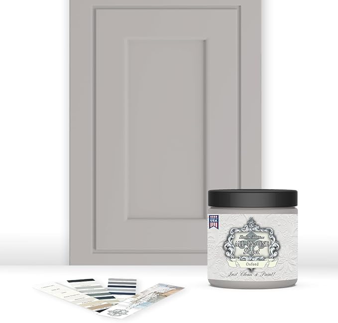 ALL-IN-ONE Paint, Durable cabinet and furniture paint. Built in primer and top coat, no sanding needed. Includes our 30 featured color card - Oxford (neutral gray), 8oz Sample