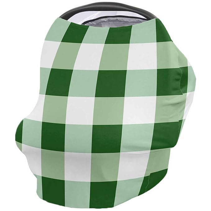 Green White Plaid Car Seat Covers for Babies, Buffalo Checkered Lattice Geometric Nursing Breastfeeding Covers Stretchy Breathable Baby Carseat Canopy Cover for Girls and Boys Shower Gifts