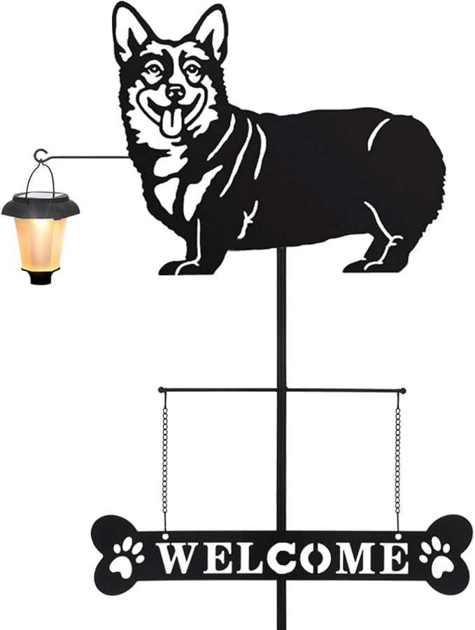 BAYN Solar Corgi Silhouette Dog Breed Welcome Sign with a Lantern Outdoor Decorative Garden Stakes for Yard, Lawn, Patio, Pathway