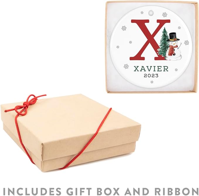 Andaz Press Personalized Ornament, Custom Name, Initial X Monogram Snowman 2.8" Ceramic Porcelain 2025 Christmas Ornament Keepsake for Kids, Boys, Girls, Includes Gold Ribbon & Gift Box, 1-Pack
