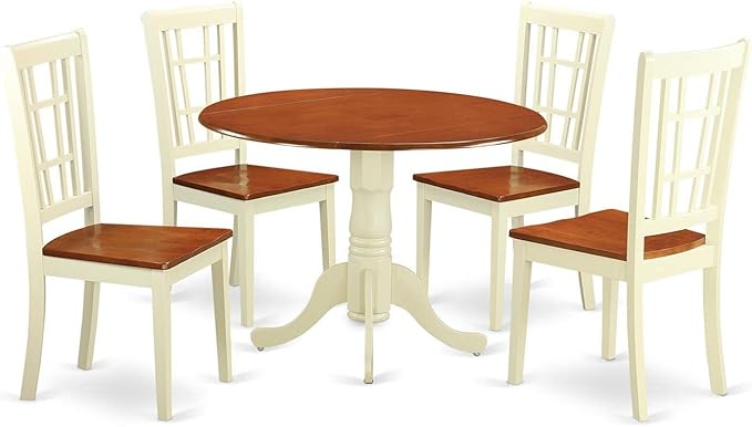 East West Furniture DLNI5-BMK-W 5 Piece Dinette Set for 4 Includes a Round Dining Room Table with Dropleaf and 4 Dining Chairs, 42x42 Inch, Buttermilk & Cherry