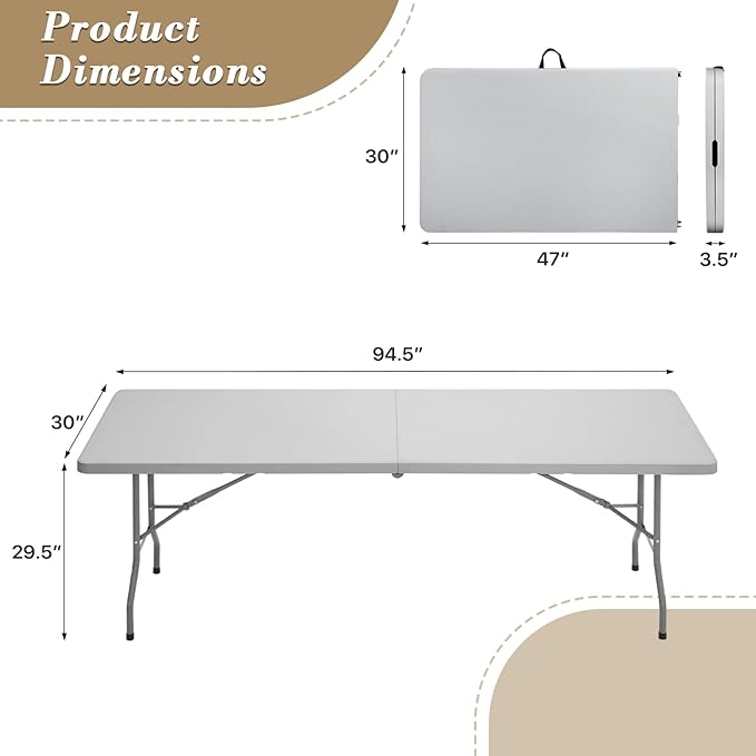 Athena Collection 8 ft Square Folding Dining Table, Large Plastic Foldable Table Portable with Carry Handle, Heavy Duty Fold-in-Half Utility for Indoor Outdoor Party Camping Picnic, Grey