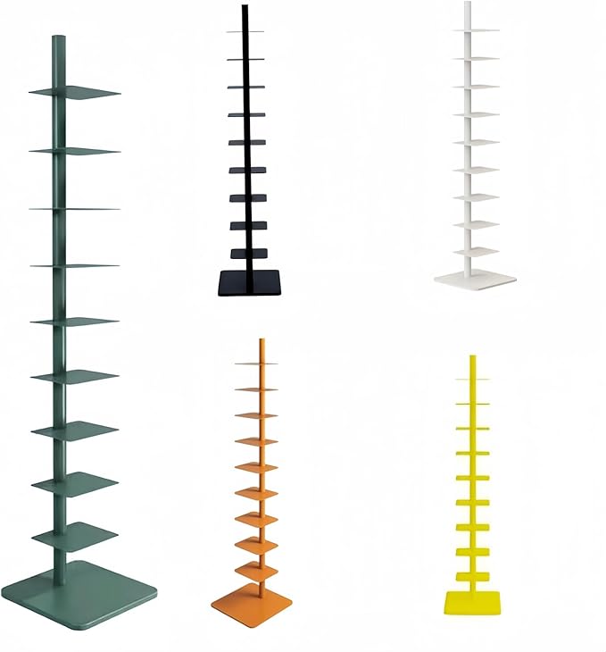 9-Tier Spine Bookshelf Metal Bookcase 5 Colors Vertical Bookshelf Tower Rotating Tall Narrow Book Shelf Ladder Book Rack Indoor (Green)
