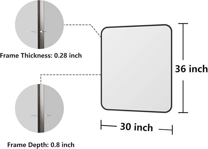 Koonmi Bathroom Mirror, 30X36 Inch Black Metal Framed Mirror for Bathroom, Tempered Glass, Anti-Rust, Rounded Rectangle Mirror for Restroom, Bedroom, Black