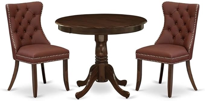 East West Furniture ANDA3-AWA-26 3 Piece Dining Set Includes a Round Kitchen Table with Pedestal and 2 Polyester Fabric Upholstered Parson Chairs, 36x36 Inch, Antique Walnut
