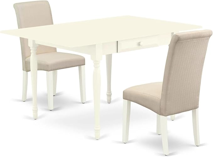 East West Furniture MZBA3-LWH-01 3 Piece Dining Room Table Set Contains a Rectangle Kitchen Table with Dropleaf and 2 Cream Linen Fabric Parson Dining Chairs, 36x54 Inch, Linen White