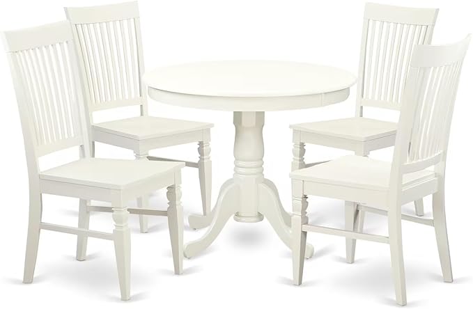 East West Furniture ANWE5-LWH-W 5 Piece Dining Room Table Set Includes a Round Kitchen Table with Pedestal and 4 Dining Chairs, 36x36 Inch, Linen White