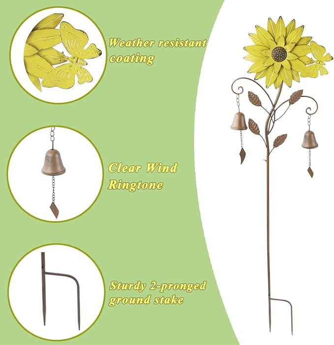 Sunflower Garden Stake with Bells, Decorative Garden Stakes for Garden Yard Patio Decor