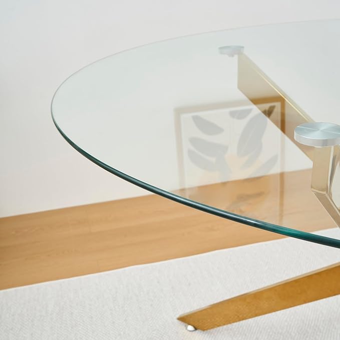 47.24" Round Glass Dining Table Modern Kitchen Glass Top Table for 6 with Gold Chrome Metal Legs, Clear Dining Table Kitchen Table for Home Office Dining Room