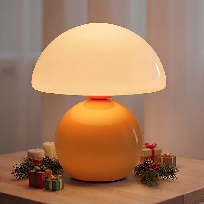 NIORSUN Mushroom Lamp Table Lamp for Bedroom, Portables Cordless Table Lamp,Wireless lamp,Small Bedside Table Touch Lamps for Living Room,Mini Mushroom 5200mAh Battery Operated Lamp Modern Orange