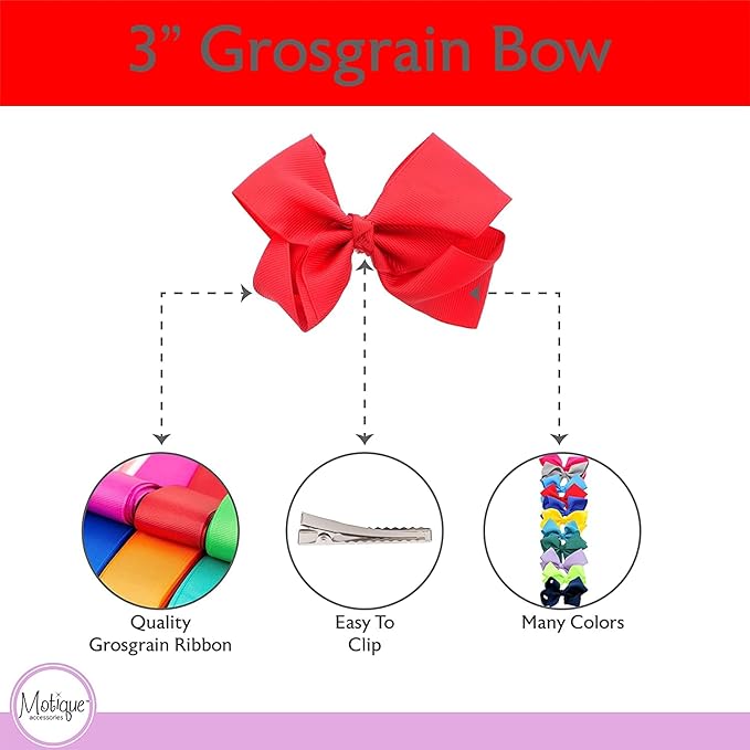3 Inch Grosgrain Bow for Little Girls- Set of 2 (Red)