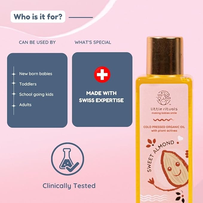 Little Rituals SWEET ALMOND (BADAM OIL) Baby Massage Oil and Hair oil, Cold Pressed and Certified ORGANIC with SWISS Plant Actives. Dermatologist Tested by Pediatrics, Mild & Gentle & Safe (200 ML)