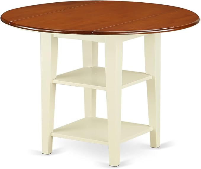 East West Furniture SUPL5-BMK-W 5 Piece Dining Room Table Set Includes a Round Kitchen Table with Dropleaf & Shelves and 4 Dining Chairs, 42x42 Inch, Buttermilk & Cherry