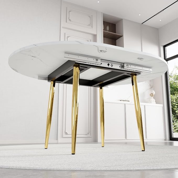 42"-54" Round Extendable Dining Room Table for 4–6, White Faux Marble & Wood Grain Top with Gold Metal Legs, Modern Luxury Oval Dining Room Table, Space-Saving Kitchen Table, Easy Assembly