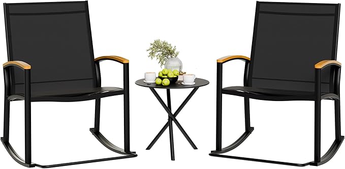 Shintenchi 3 Piece Outdoor Rocking Bistro Set, Textilene Fabric Small Patio Furniture Set, Front Porch Rocker Chairs Conversation Set with Table for Lawn, Garden, Balcony, Poolside (Black)