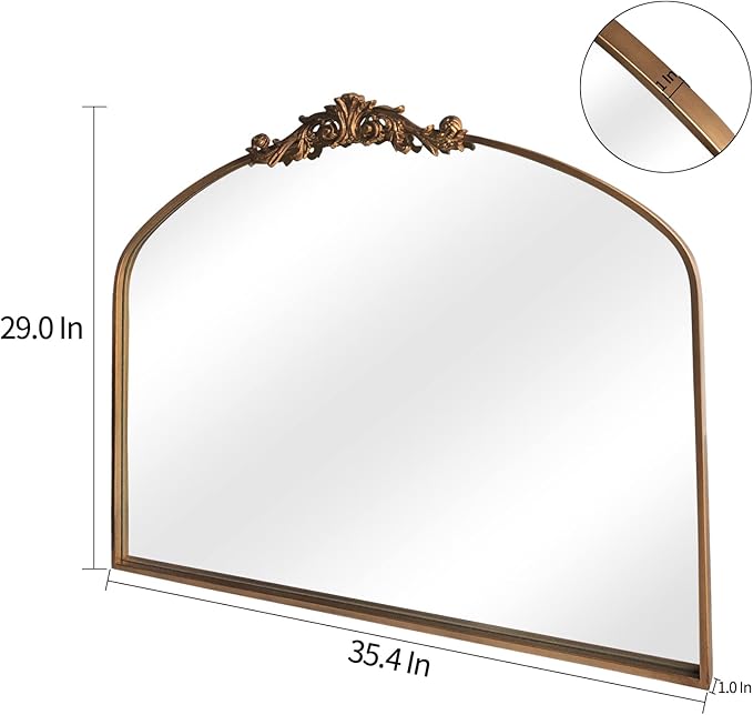 WAMIRRO Antique Mirror,Gold Traditional Vintage Ornate Baroque Arched Brass Wall Mounted Mirrors for Entryway/Fireplace/Living Room/Hallway/Bathroom 36"X30"