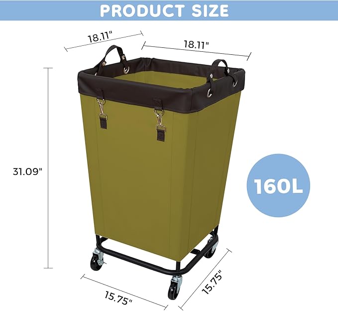 FLYBOX Laundry Hamper with Wheels, 160L Capacity, Steel Frame, Removable Canvas Bag, Dark Green