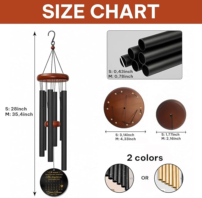 Personalized Calendar Memorial Wind Chime – “The Moment Your Heart Stopped, Mine Changed Forever” Custom Date, Name & Years – Sympathy Gift for Loss of Loved One – Windchimes for Outdoors Décor