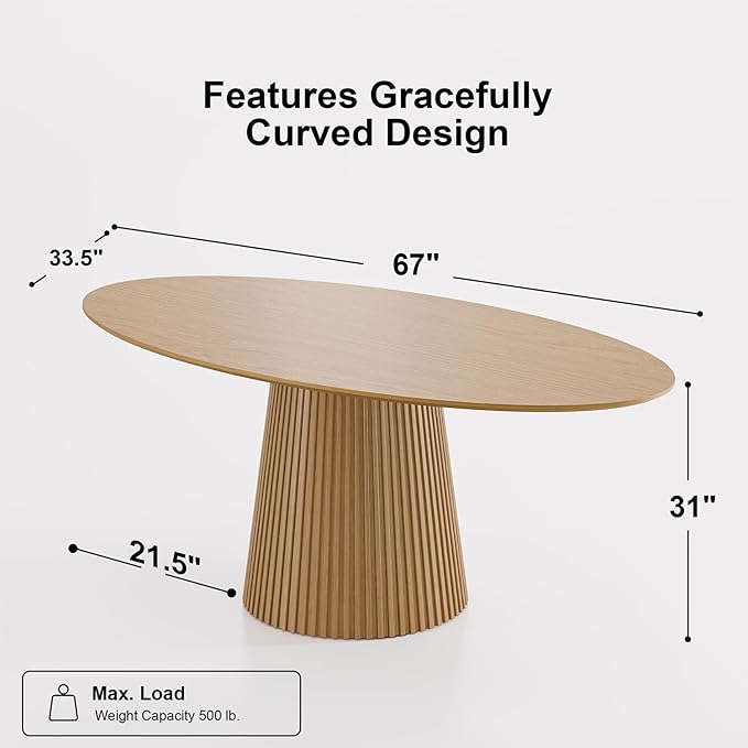 Casaphoria 67" Oval Dining Table, Modern Wood Kitchen Table with Cone Shaped Stripe Base for Living Room & Dining Room, Easy Assembly Farmhouse Furniture for 4-6, Oak