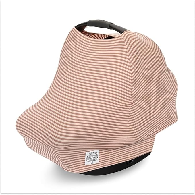 Parker Baby 4 in 1 Car Seat Cover for Girls and Boys - Stretchy Carseat Canopy, Nursing Cover, Grocery Cart Cover, High Chair Cover - "Rosewood Stripe"