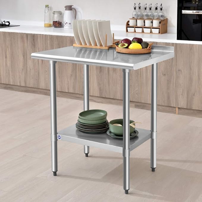 ROCKPOINT Stainless Steel Table for Prep & Work with Backsplash 24x30 Inches, NSF Metal Commercial Kitchen Heavy Duty Table with Adjustable Under Shelf and Table Foot for Restaurant, Home and Hotel