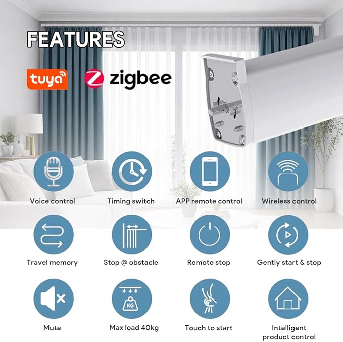ZigBee 3.0 Smart Curtain Motor with Ripple Fold Track, Mini Silent Electric Drapery System, 1.2N.m App Voice Control Compatible with Alexa & Google Home (4 meters (157.4 inches))