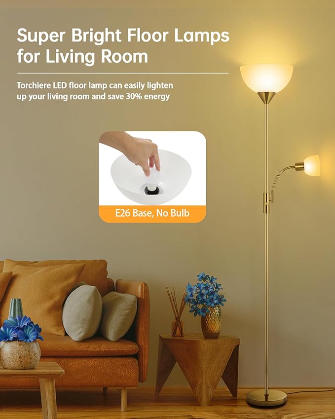 Torchiere Floor Lamps, LED Standing Lamp, 71" Tall Torch Floor Lamps with Reading Light, 3 Way Rotary Switch, White Plastic Shade,Bright Gold Modern Corner Lamp for Living Room Bedroom Office(No Bulb)