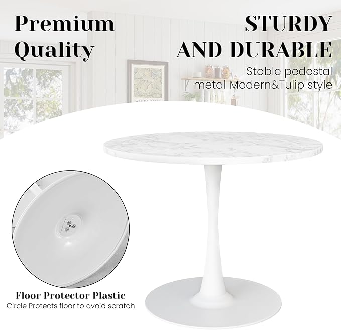DKLGG White Marble Round Dining Table, 39.1" Tulip Kitchen Dining Table for 4-5 People with MDF Table Top & Pedestal Base, Mid-Century End Living Room Table