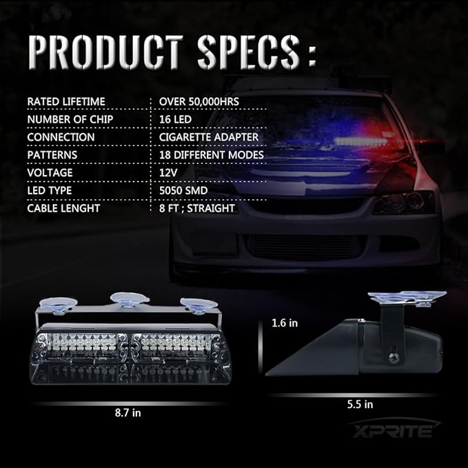 Xprite Green LED Emergency Dash Strobe Light, Interior Windshield Safety Warning Traffic Lights w/Suction Cups, 12V Windshield Visor Light Bar for Postal Law Enforcement Volunteer POV Vehicles Trucks