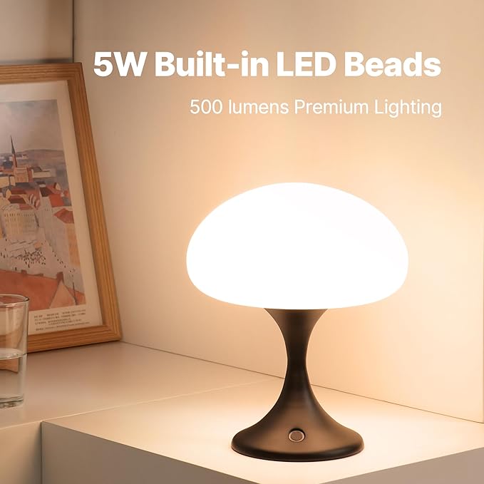 MAGCHARM Mushroom Lamp, 5W LED Cordless Rechargeable Table Lamp with Glass Shade, Small Retro Dimmable Touch Light with 3 Color Temps, Aesthetic Mid Century Bedside Light for Bedroom Ambient, Black