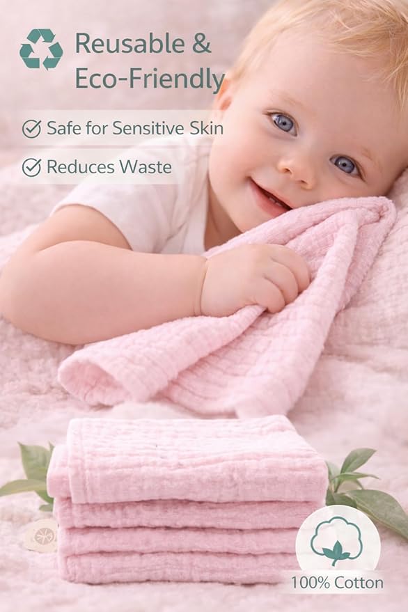 Baby Washcloths, 3-Pack, 100% Cotton Soft Absorbent, 6-Layer Muslin Wash Cloths and Face Towels, Baby Bath Essentials for Newborns, Babies and Toddlers, 8x8 inches (Mocha)