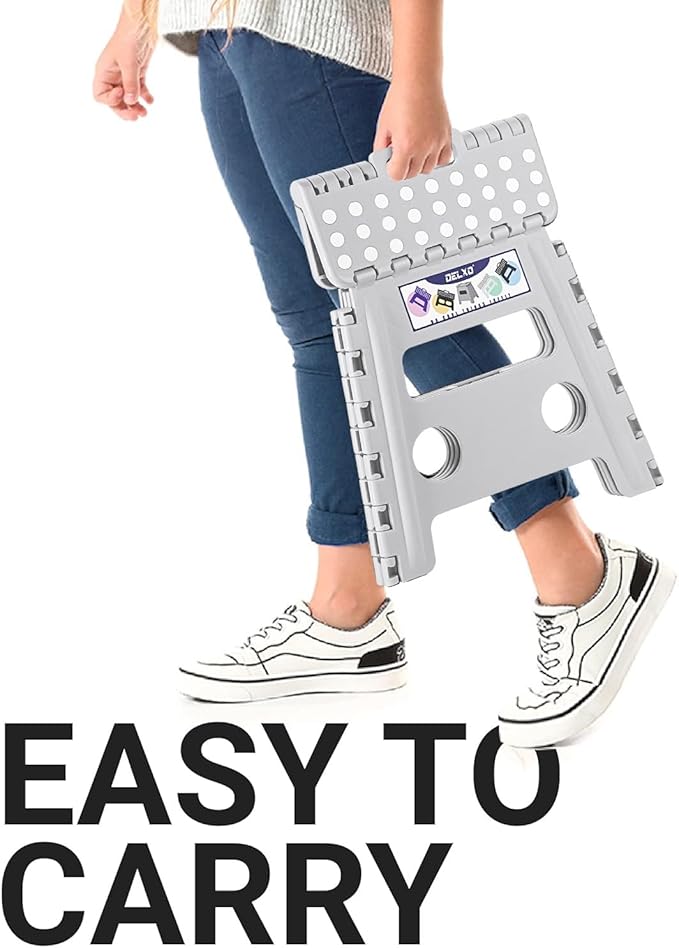 Delxo Folding Step Stool, 13 inch Non-Slip Foldable Stools for Kids & Adults Up to 300 LBS, Step Stool with Handle, Lightweight for Kitchen, Bathroom, Bedroom, Garden, Grey, 1PC