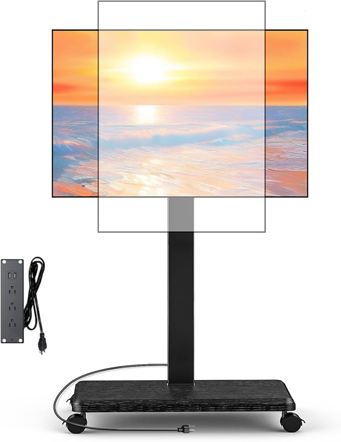 Rolling TV Stand with Power Outlet, Swivel Mobile Portable TV Cart for 32-75 Inch TVs up to 110 lbs, Landscape to Portrait, Height Adjustable Outdoor TV Stand with Wheels, Max VESA 600x400mm
