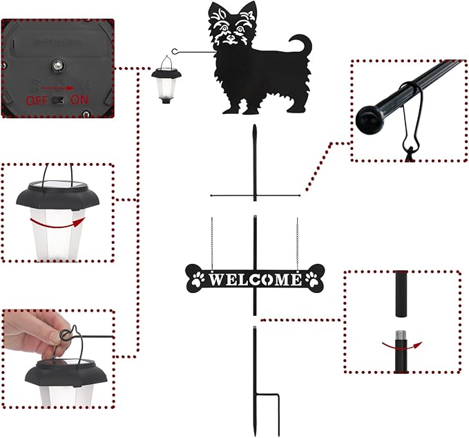 BAYN Solar Yorkie Silhouette Dog Breed Welcome Sign with a Lantern Outdoor Decorative Garden Stakes for Yard, Lawn, Patio, Pathway