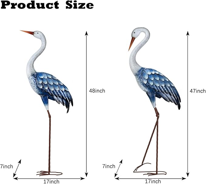Kircust Outdoor Blue Heron Statues Metal Garden Crane Sculptures, Bird Yard Art Large 47-48 Inch, Set of 2, for Pond & Lawn Garden Decor, Gifts for Women, Men, Friends