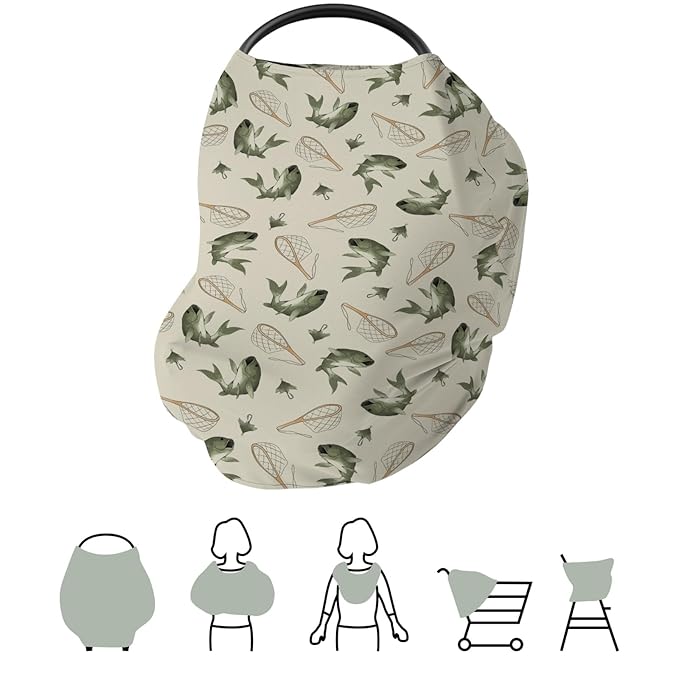 Gone Fishing Baby Car Seat Covers Vintage Bass Fishes Net Lake Stretchy 5-in-1 Cover Adjustable Infant Carseat Canopy Cover Fishing Lovers Gift Nursery Breathable Nursing Cover-Up