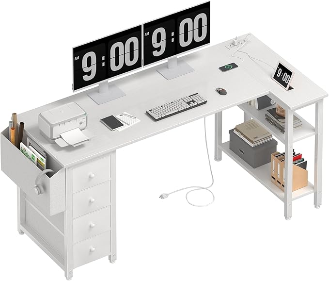 Lufeiya White L Shaped Computer Desk with Drawers & Storage Shelves, 63 Inch Reversible Corner Desk with Power Outlet for Home Office Bedroom, L-Shaped Teen PC Desks with Fabric Drawer, White