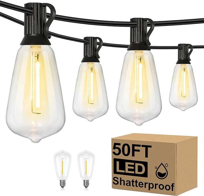 Brightever 50FT Outdoor String Lights Waterproof, 2700K Bright LED Patio Lights with 27 ST38 Shatterproof Vintage Bulbs, Retro Connectable Edison String Lights for Outside, Garden, Balcony, Porch
