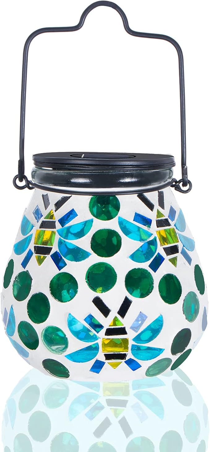 Afirst Mosaic Outdoor Lanterns - Glass Solar Hanging Lights Bee Hollow Out Waterproof Outdoor Decorative for Garden, Patio, Holiday Party Outdoor Decoration