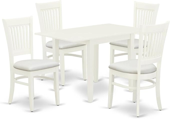 East West Furniture NDVA5-LWH-C 5 Piece Modern Dining Table Set Includes a Rectangle Wooden Table with Dropleaf and 4 Linen Fabric Dining Room Chairs, 30x48 Inch, Linen White