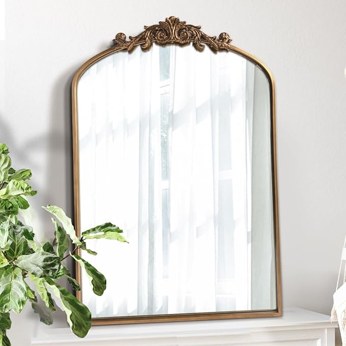 WAMIRRO Antique Mirror,Gold Traditional Vintage Ornate Baroque Arched Brass Mirrors Entryway/Fireplace/Living Room/Hallway/Bathroom 24"X36"