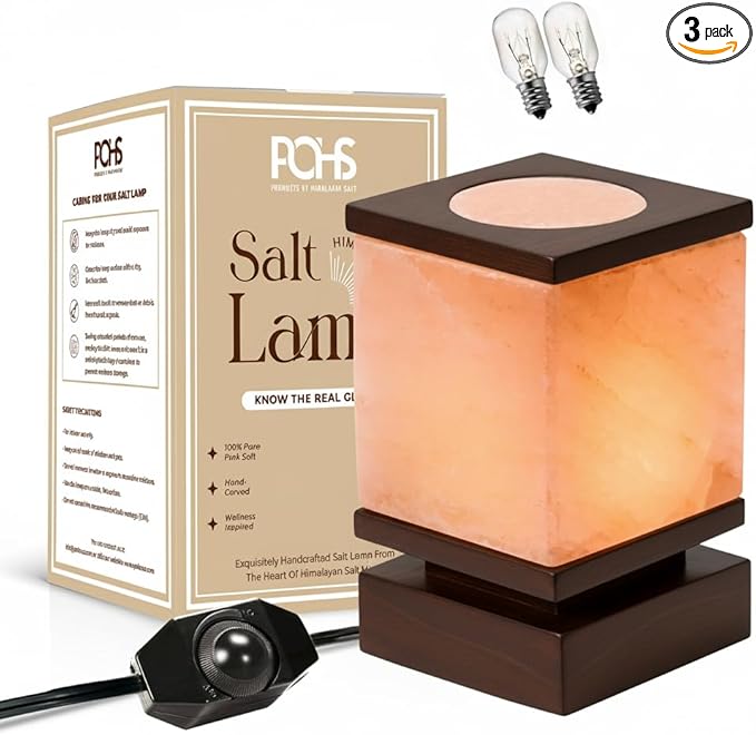 POHS 100% Authentic Cube Shape Himalayan Pink Salt Lamp with Brown Wooden Base, Dimmer Switch Cord and Two Bulbs, Night Light for Home and Office Table and Desk, Gift and Decor