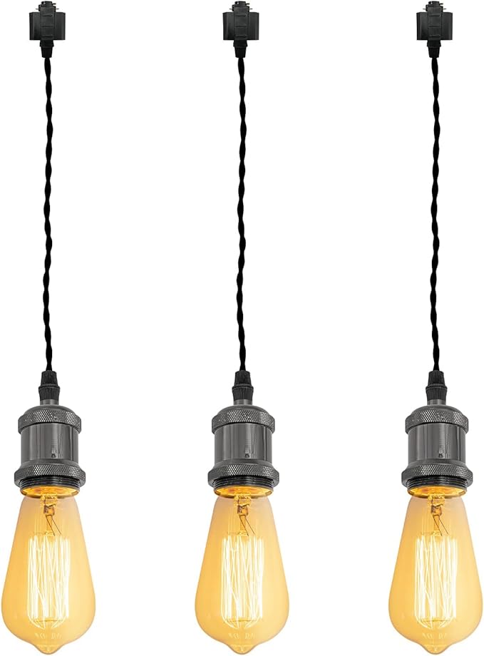 Kiven 3-Lights H System Track Mini Pendant, Pearl Black Finish Lamp Holder Fitting Track Light Kit, Rose Pendant Braided Fabric Flex Cord Length 11.81 in,TB0123-30CM