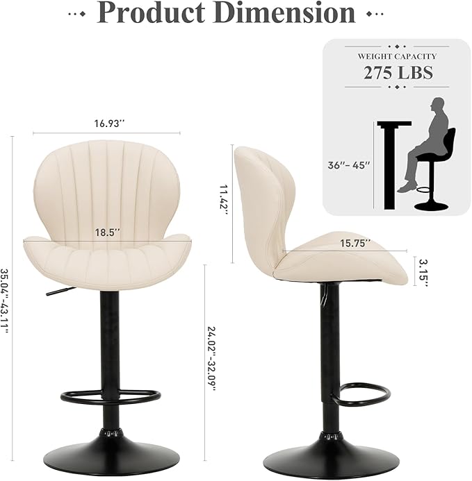 COLAMY Bar Stools Set of 2, Modern Swivel Bar Chairs, Adjustable Faux Leather Upholstered Barstools Counter Height with High Backrest for Bar, Kitchen Island, Dining Room, Beige