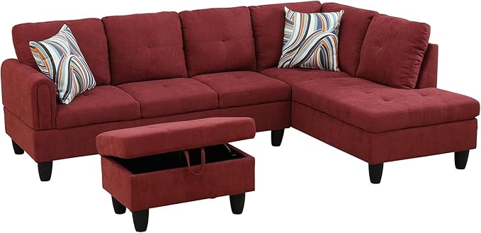Couches for Living Room Modern L Shaped Couch Comfy Fluffy Fabric 3 Pieces Sectional Sofa with Chaise, Ottoman with Storage for Office and Small Apartment, Red